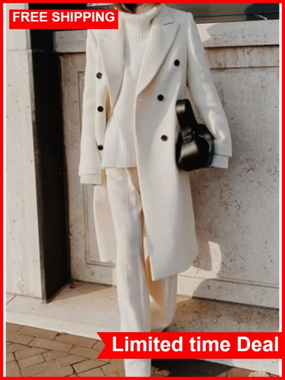 Women's Double Breasted Wool Blend Pea Coat Notched Lapel Winter Overcoat